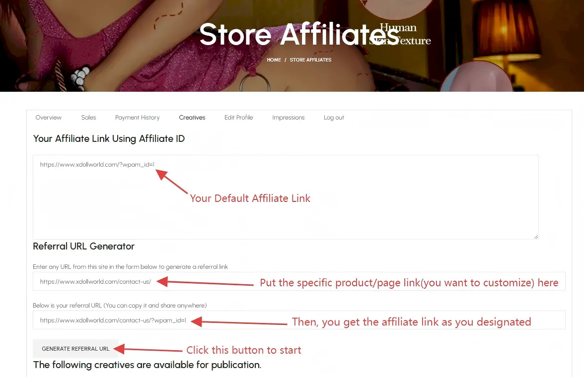 customize designated affiliate link
